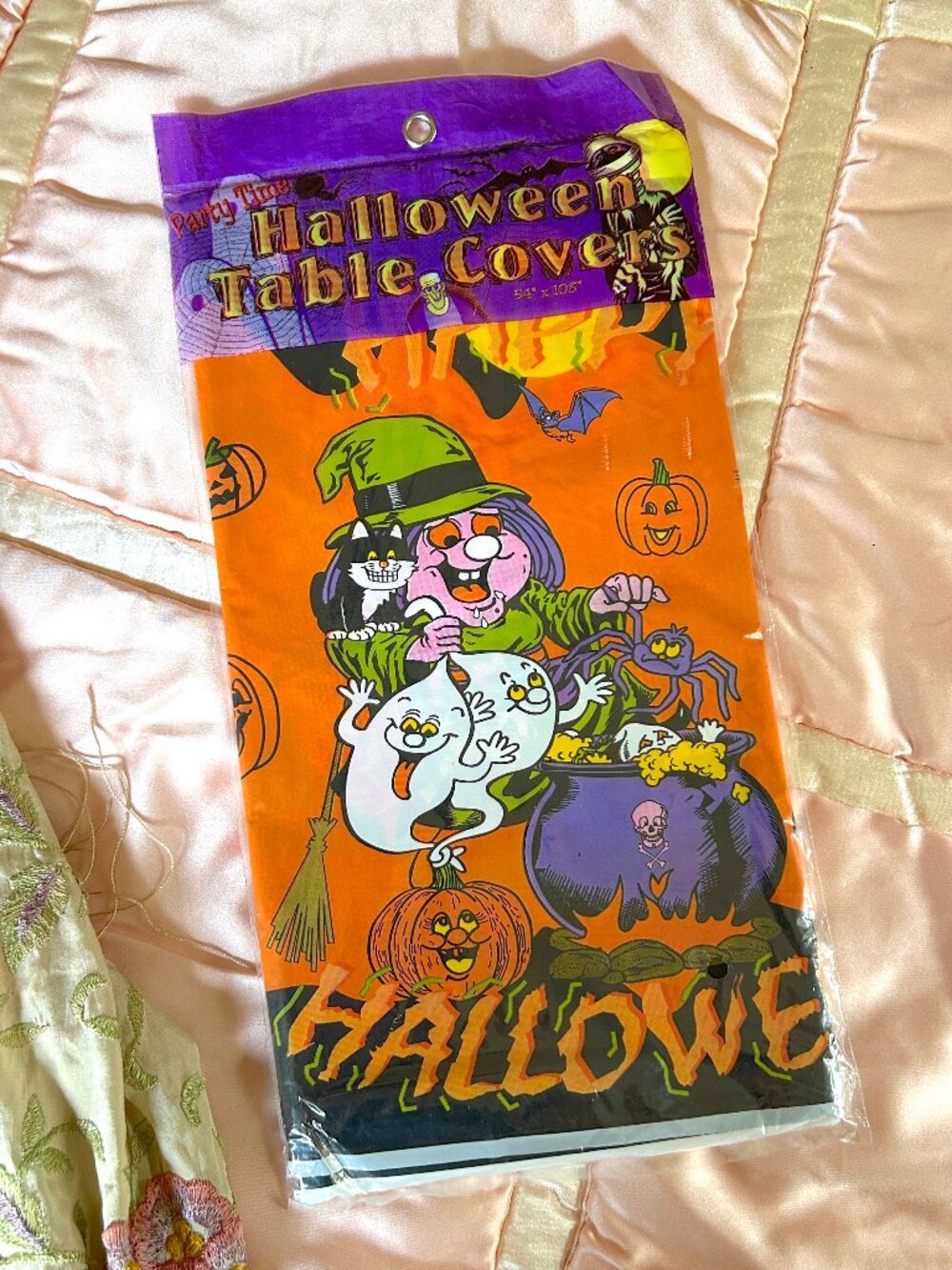 Vintage Y2K Halloween Table Cover, NOS Sealed, Retro Witch, Plastic Tablecloth